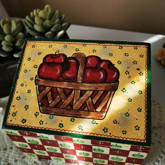 Painted Wooden Apple Recipe Box - Picture 2 of 11